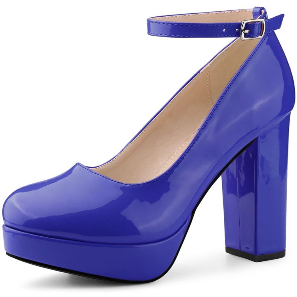 Platform Ankle Strap Chunky Heel Mary Janes Pumps Blue